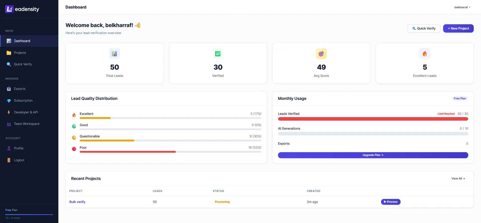 Leadensity Analytics and Quality Scoring Dashboard