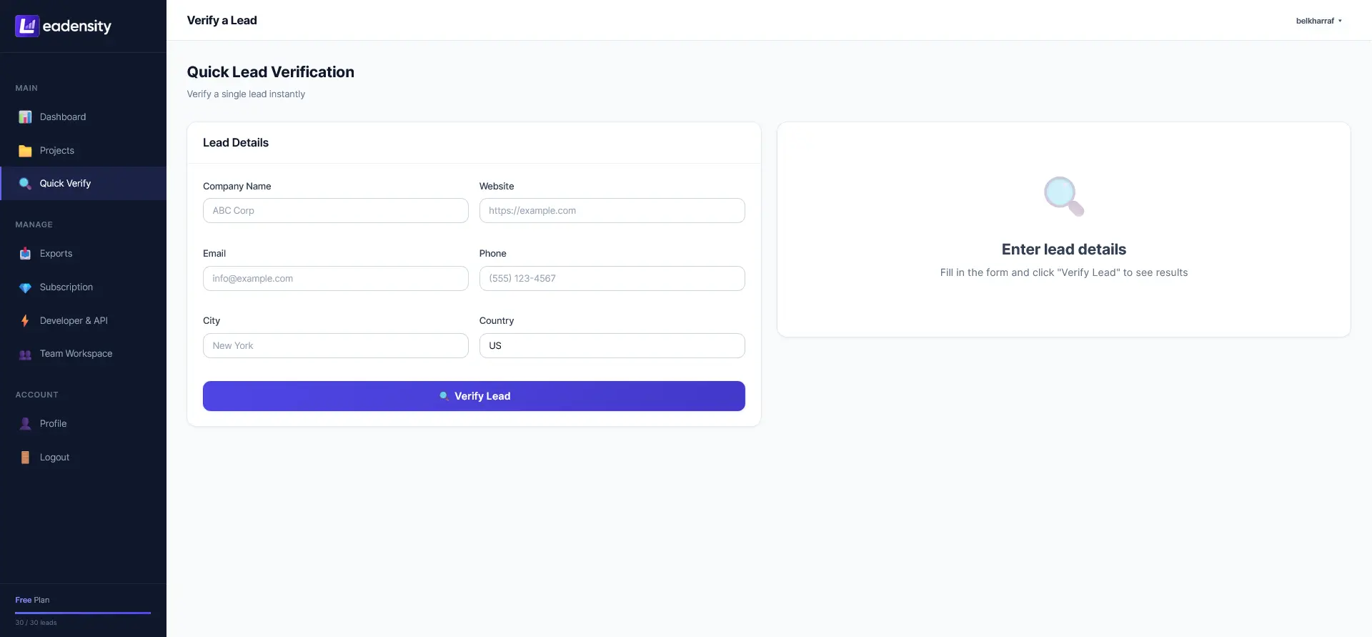 Leadensity Quick Verification Interface
